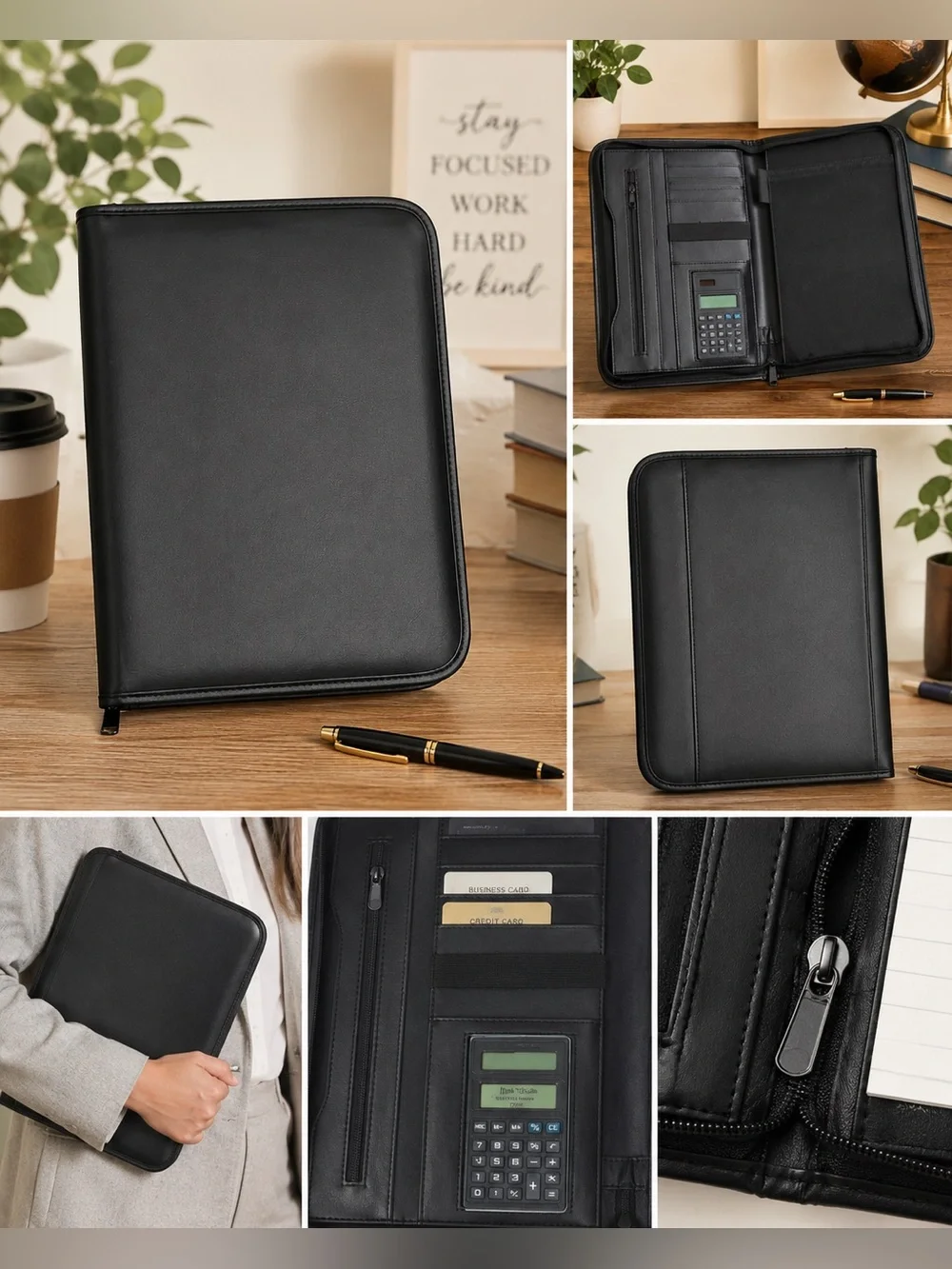 Black Zippered Padfolio Organizer with Calculator